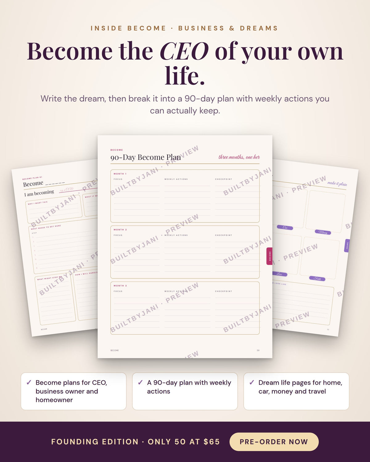 Become plan, 90-day plan and dream life pages inside the BECOME Binder