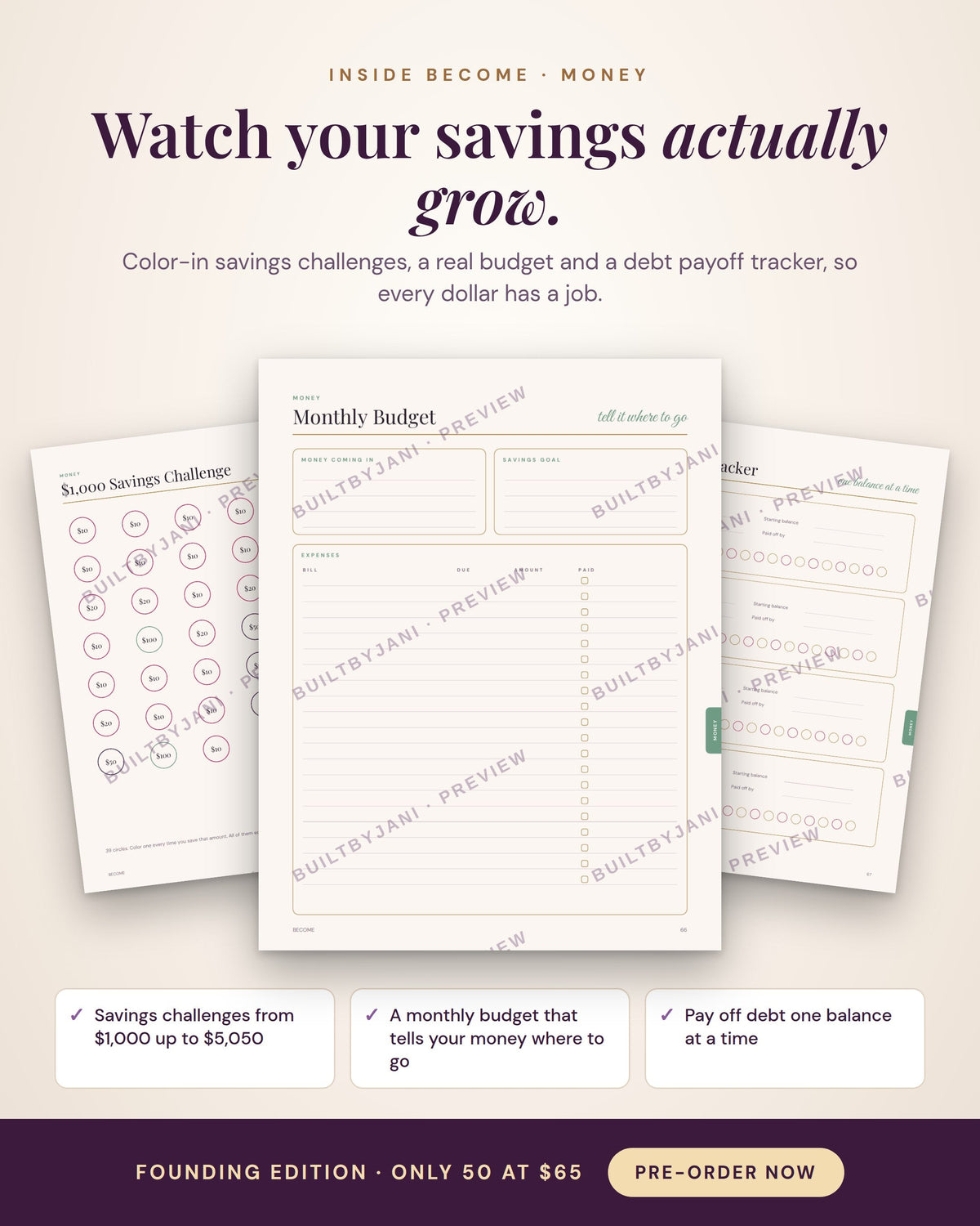 Savings challenge, monthly budget and debt payoff pages inside the BECOME Binder