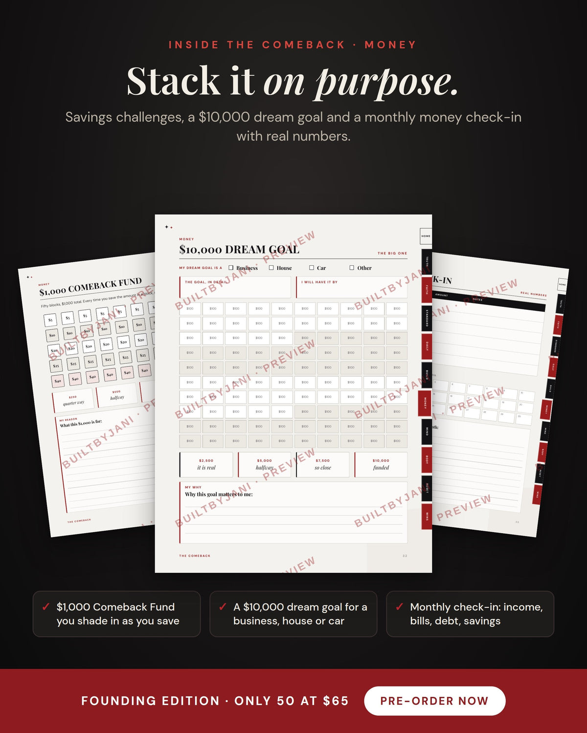 $1,000 fund and $10,000 dream goal pages inside THE COMEBACK Binder